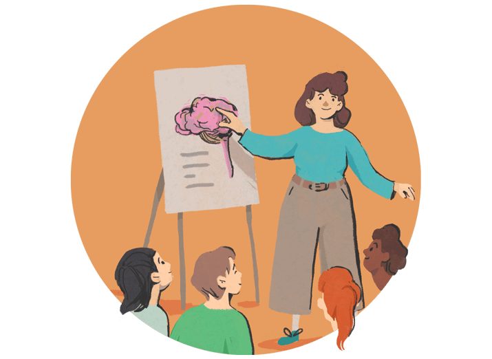Eine Person präsentiert etwas anhand einer Gehirn-Skizze.